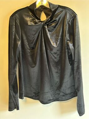 White House Black Market Women's Black Twist-Neck Long Sleeve Top EUC Velveteen